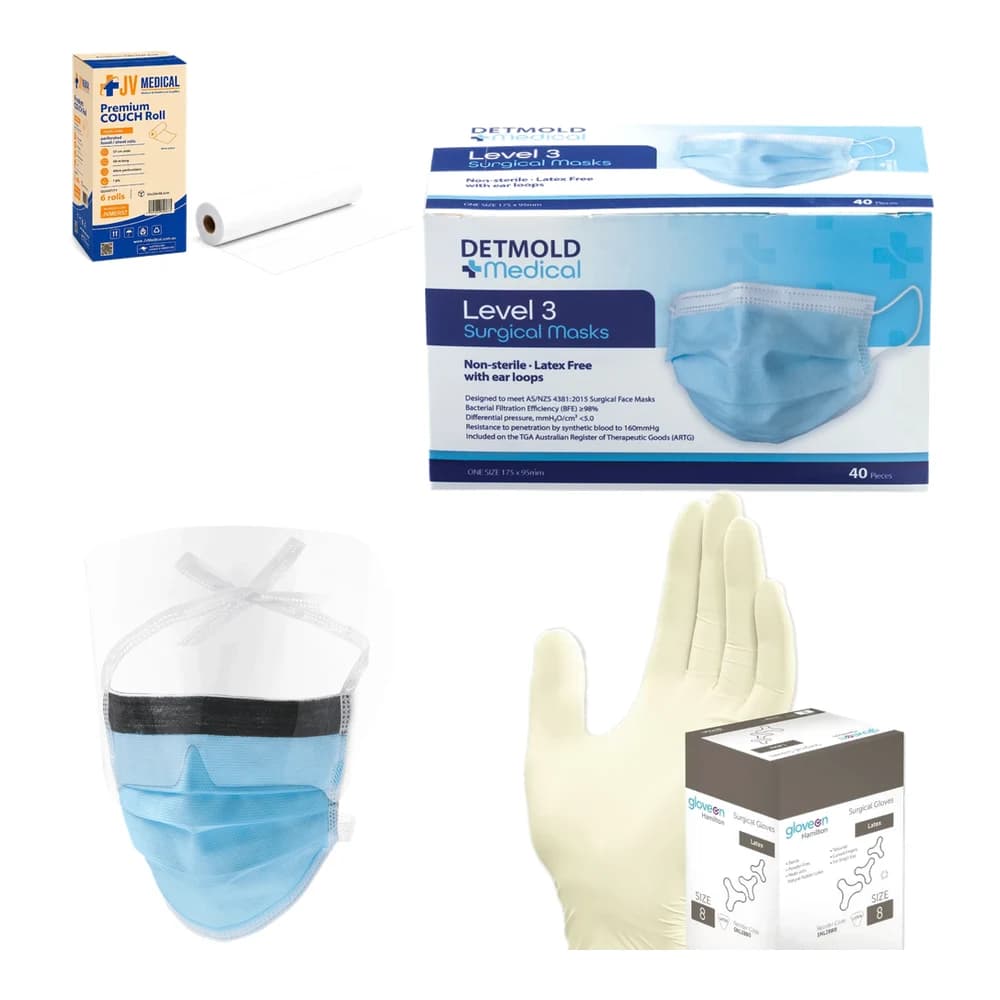 Medical consumables range — couch roll, Detmold masks, visor mask and GloveOn Hamilton surgical gloves