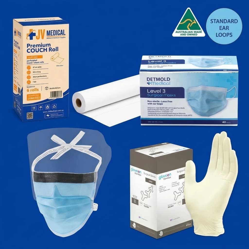 JV Medical range — couch rolls, Detmold masks, visor masks and GloveOn surgical gloves