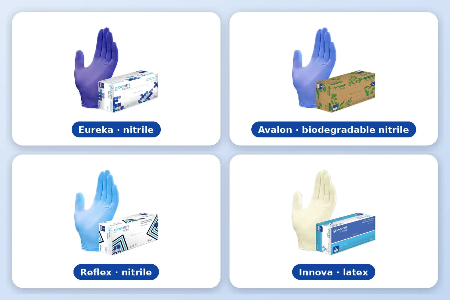 GloveOn Eureka, Avalon, Reflex and Innova glove boxes with gloves