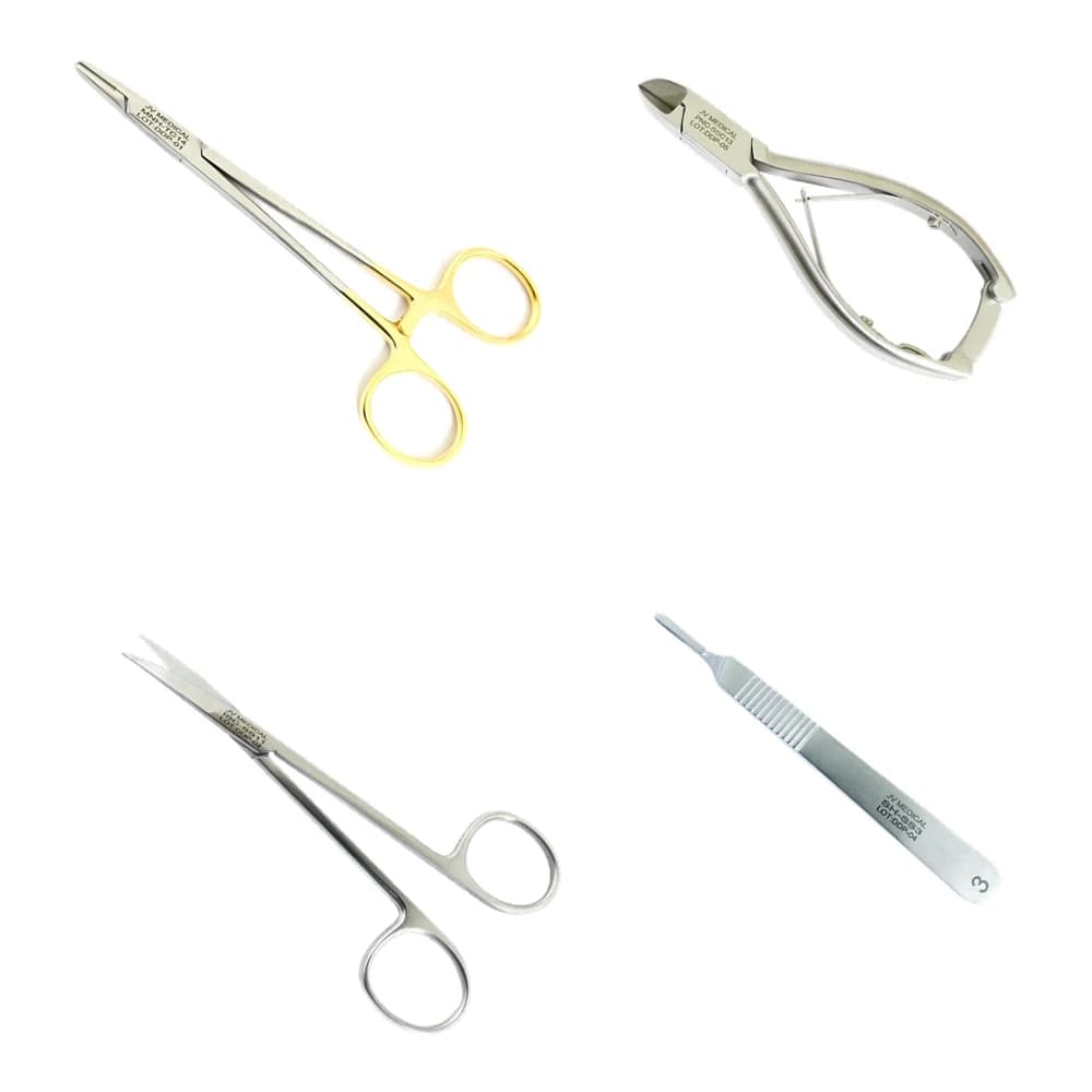 JV Medical surgical instruments — needle holder, podiatry clipper, iris scissors and scalpel handle