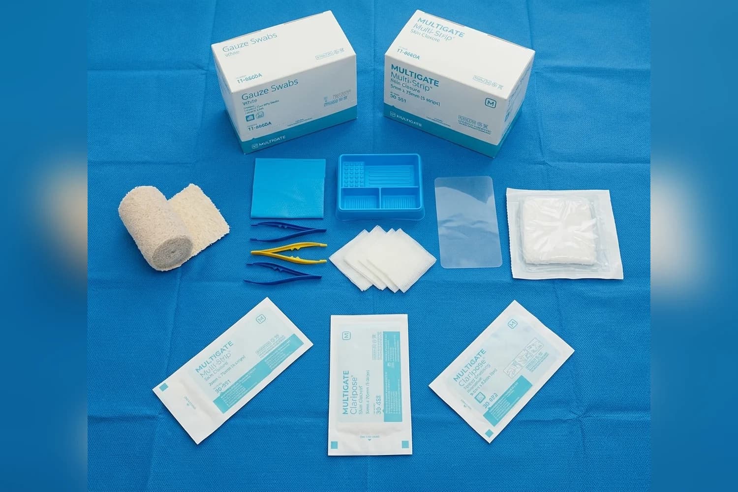 Multigate sterile dressing pack, Claripose island dressing, gauze swabs and skin closure strips