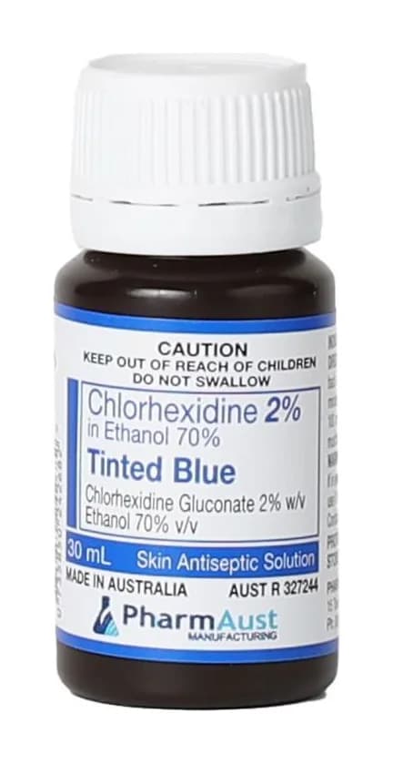 Chlorhexidine 2% in Ethanol 70% Tinted Blue 30 mL — Carton of 50