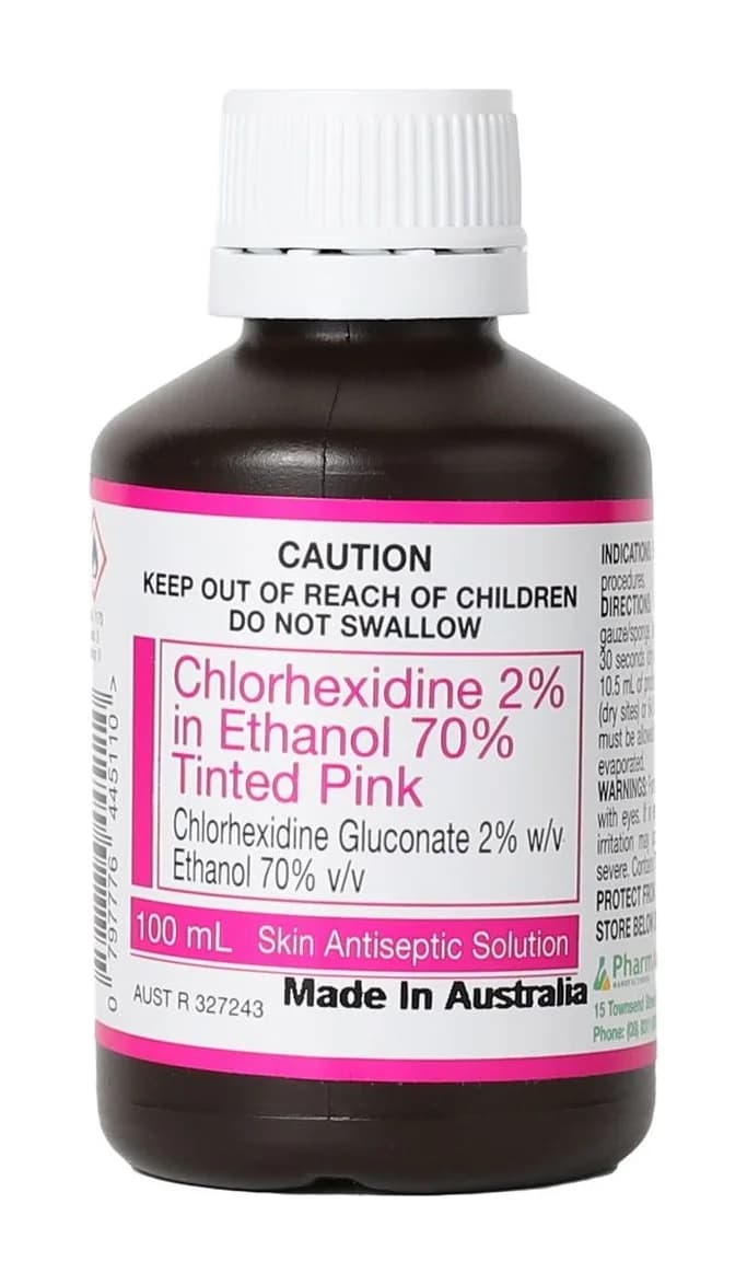 Chlorhexidine 2% in Ethanol 70% Tinted Pink 100 mL — Carton of 50