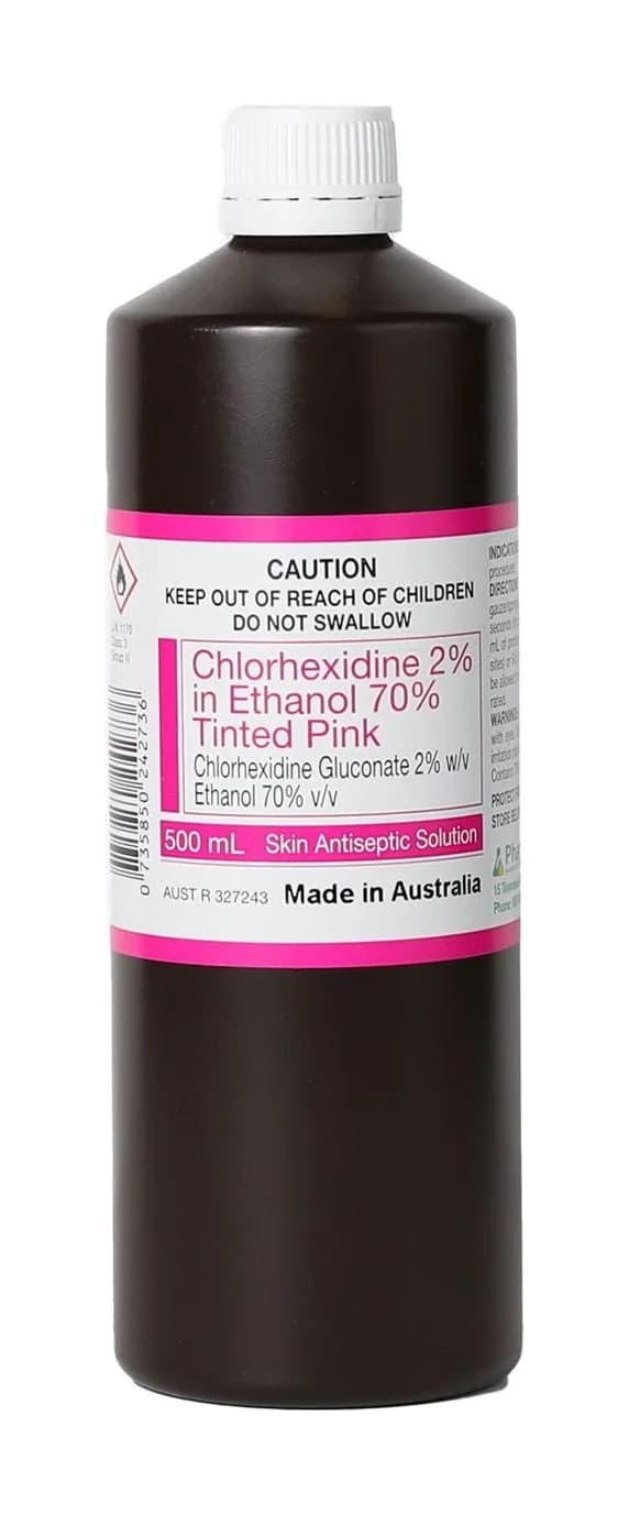 Chlorhexidine 2% in Ethanol 70% Tinted Pink 500 mL — Carton of 24
