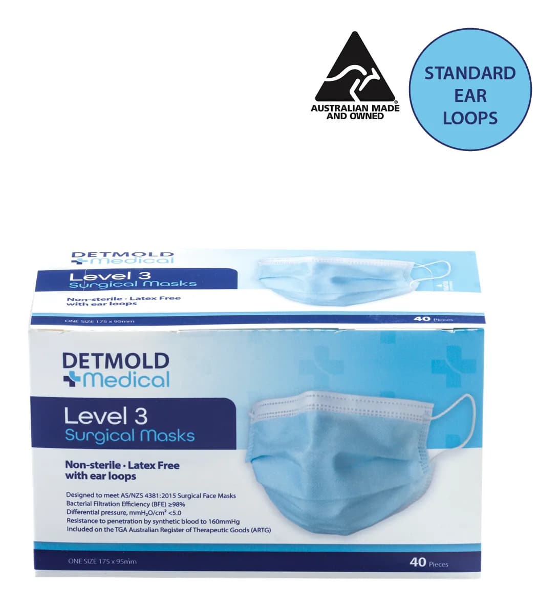 Box of 40 Detmold Medical Level 3 surgical masks with standard ear loops