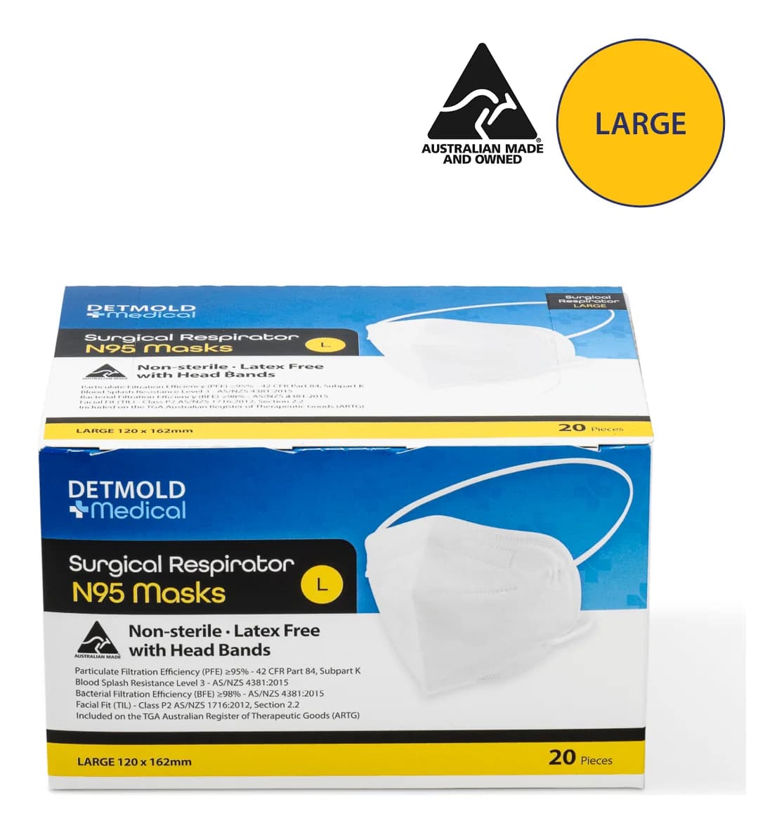 Box of 20 Detmold N95 surgical respirator masks, Large size with head bands