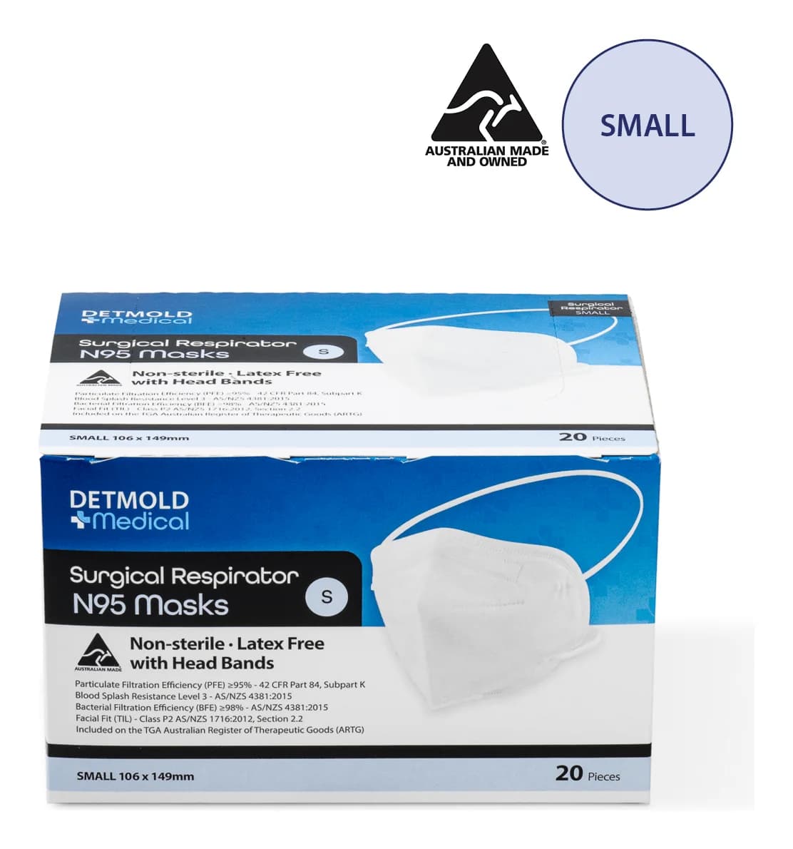 Box of 20 Detmold N95 surgical respirator masks, Small size with head bands