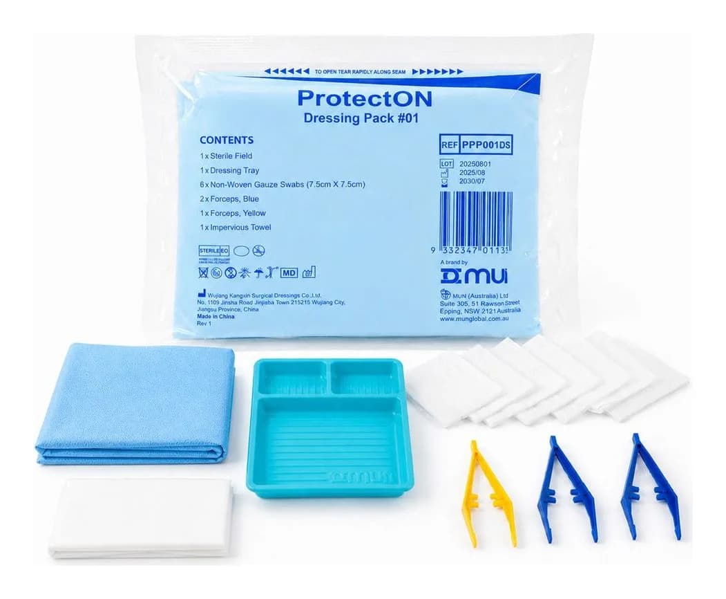 ProtectON Basic Dressing Pack #1 contents on sterile field — Single Pack
