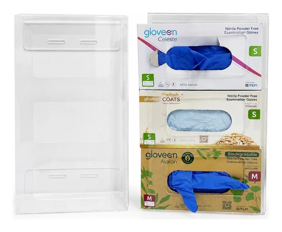 GloveOn triple glove box dispenser in clear acrylic loaded with three glove boxes