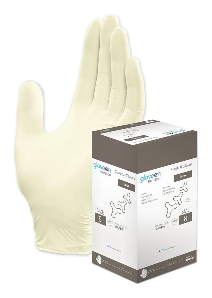 GloveOn Hamilton sterile natural latex surgical gloves, individually pouched pairs — Size 6.5
