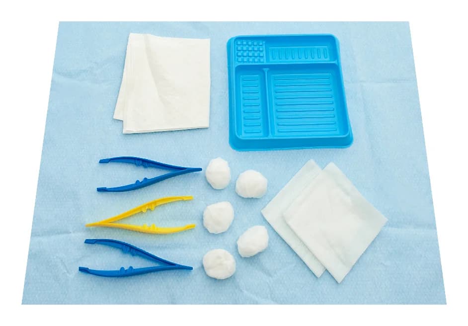 Multigate sterile dressing pack contents — tray, towel, forceps, gauze swabs and cotton balls