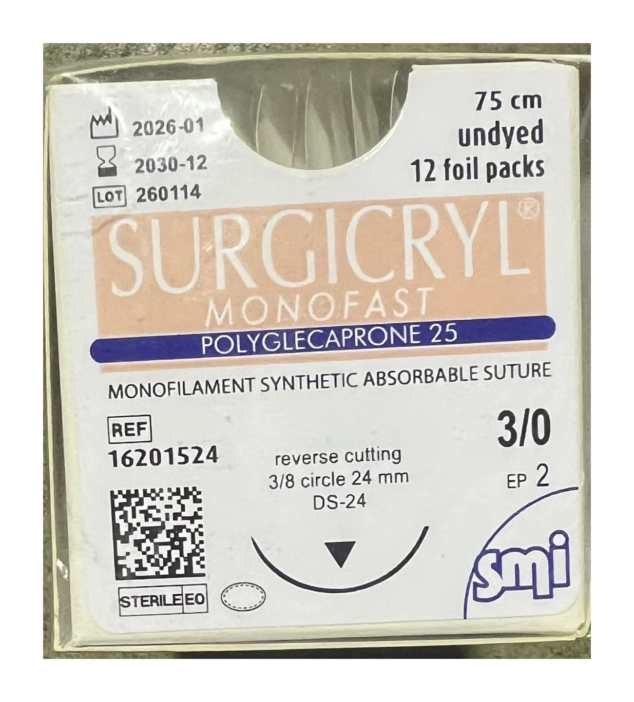SMI Surgicryl Monofast Absorbable Suture 3-0 · 24 mm RC · 75 cm Undyed (Box of 12)