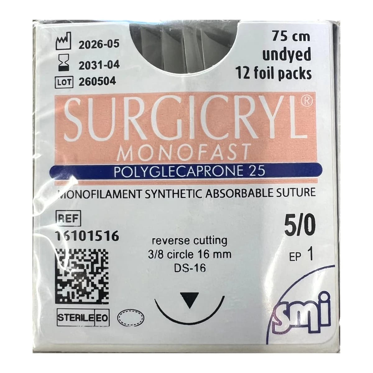 SMI Surgicryl Monofast Absorbable Suture 5-0 · 16 mm RC · 75 cm Undyed (Box of 12)