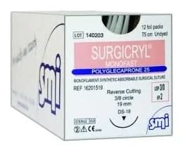 SMI Surgicryl Monofast Absorbable Suture 3-0 · 19 mm RC · 75 cm Undyed (Box of 12)