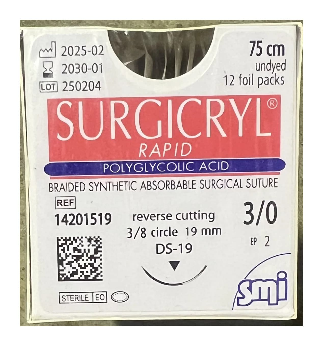 SMI Surgicryl Rapid Absorbable Suture 3-0 · 19 mm RC · 75 cm Undyed (Box of 12)