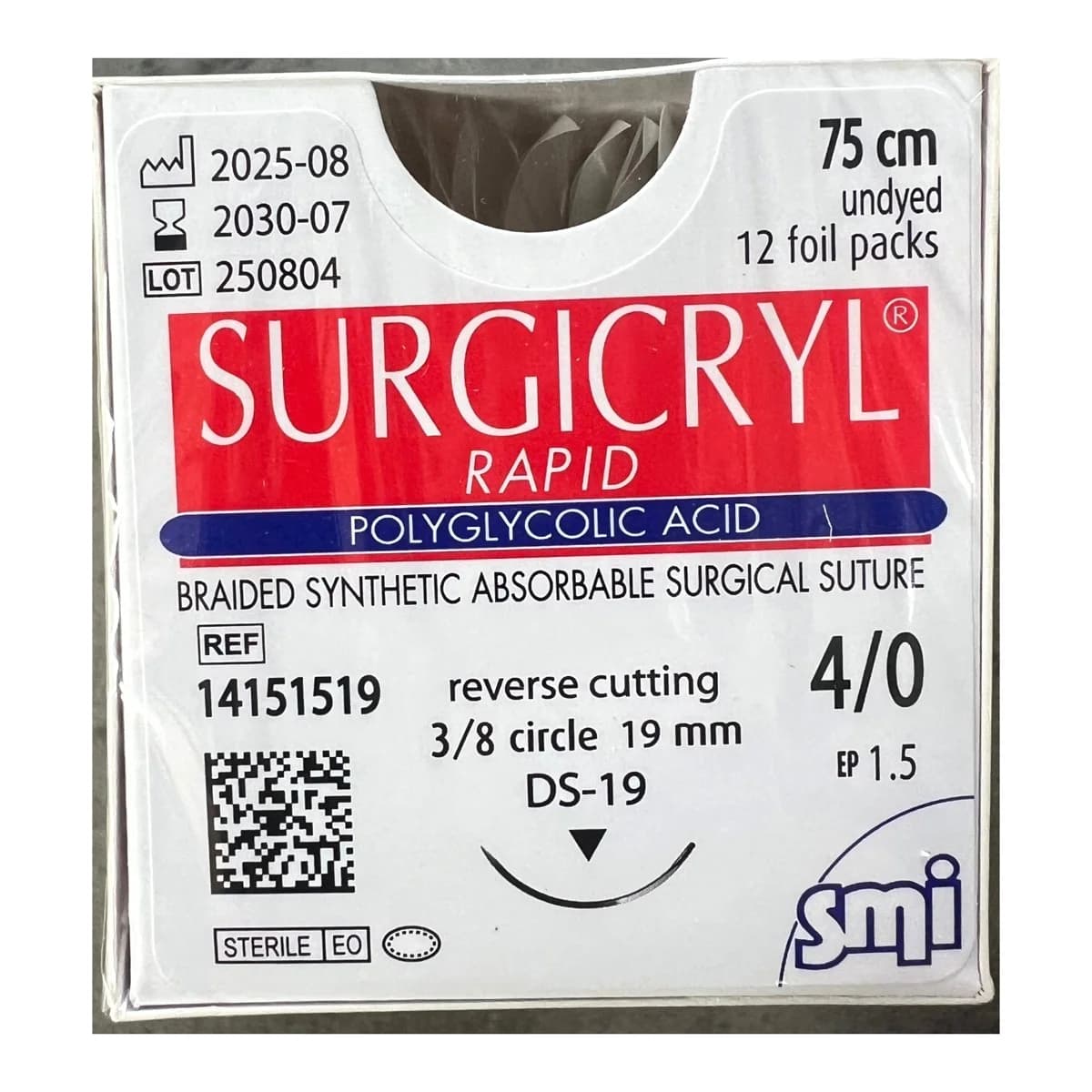SMI Surgicryl Rapid Absorbable Suture 4-0 · 19 mm RC · 75 cm Undyed (Box of 12)
