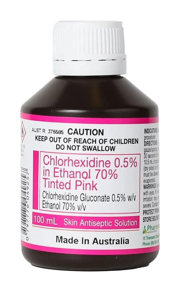 Chlorhexidine 0.5% in Ethanol 70% Tinted Pink 100 mL — Carton of 50